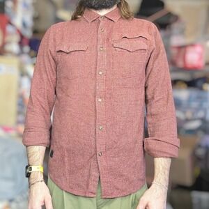 Kavu Mens M Above Visibility Knit Button Up Shirt Rust Red Flap Pockets Chamois